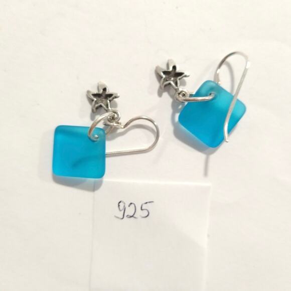 925 Sterling Silver Starfish Dangle Drop Earrings Square Seaglass Beach Jewelry - Picture 4 of 7